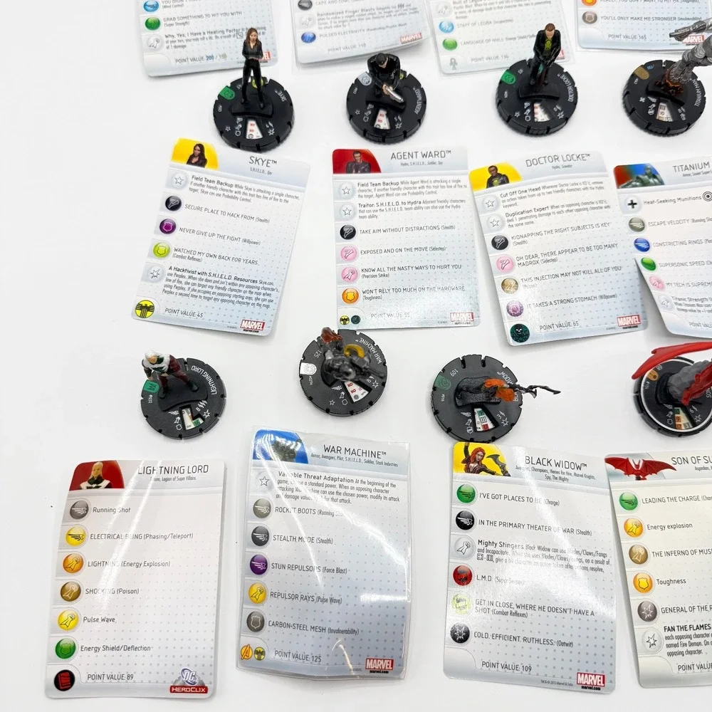 Heroclix Marvel Uncommon, Super Rare,‎ Unique Mixed Lot of 15 with Cards Lot K
